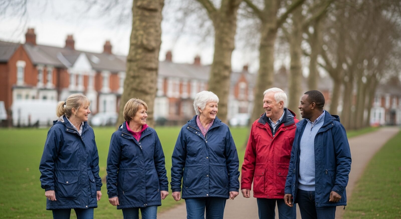 A community walking group chatting together in a UK park
