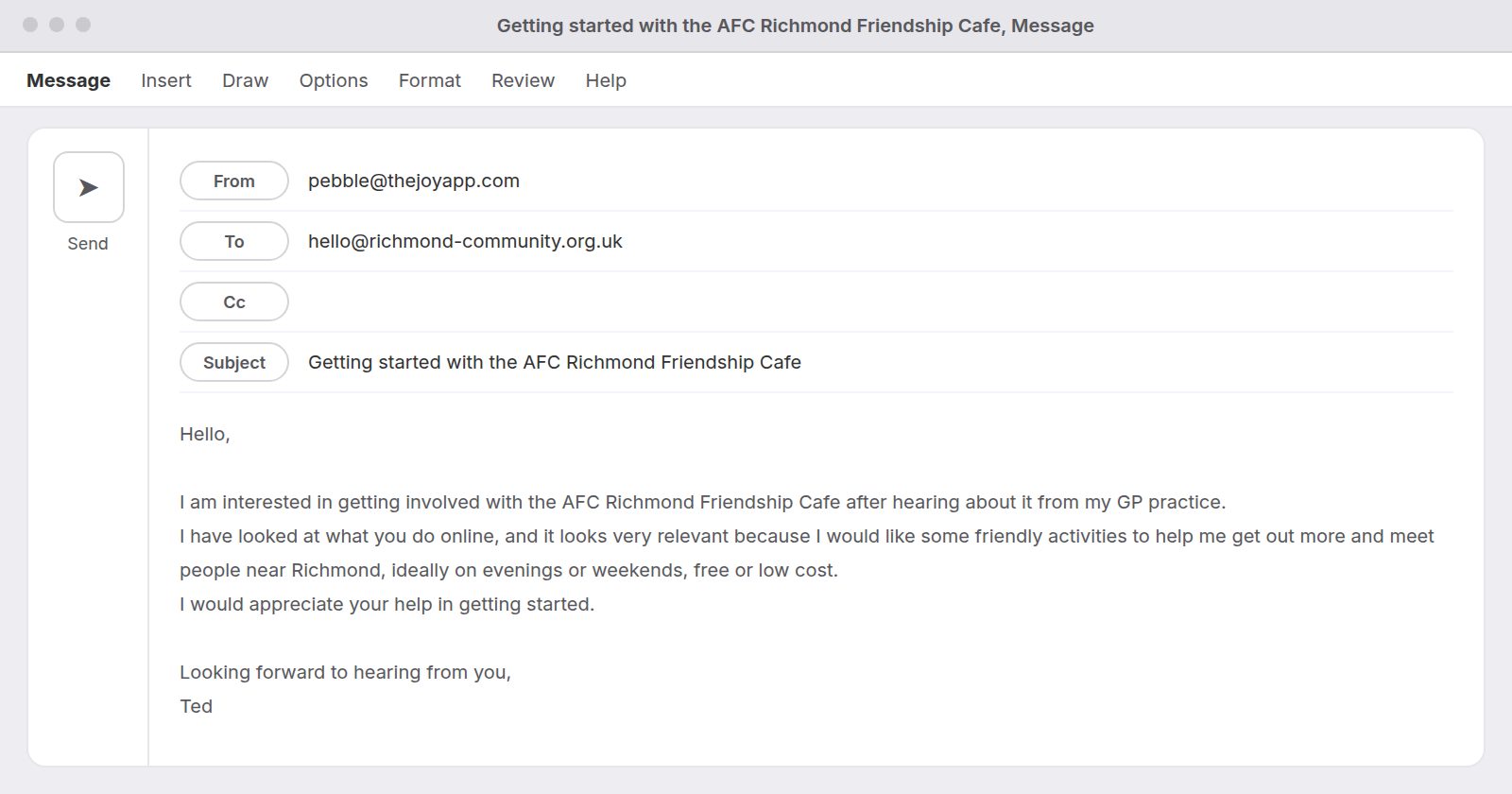 Illustration of an email drafted by Joy Chat introducing a person to a local community service
