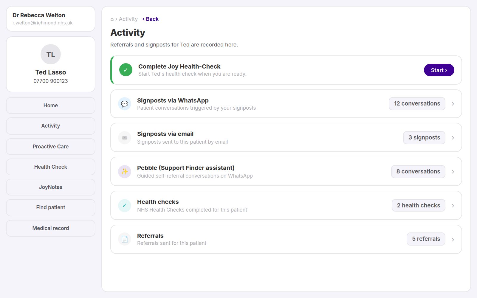 Illustration of the JoyConnect activity screen listing WhatsApp signposts, Joy Chat conversations, health checks and referrals for a fictional patient
