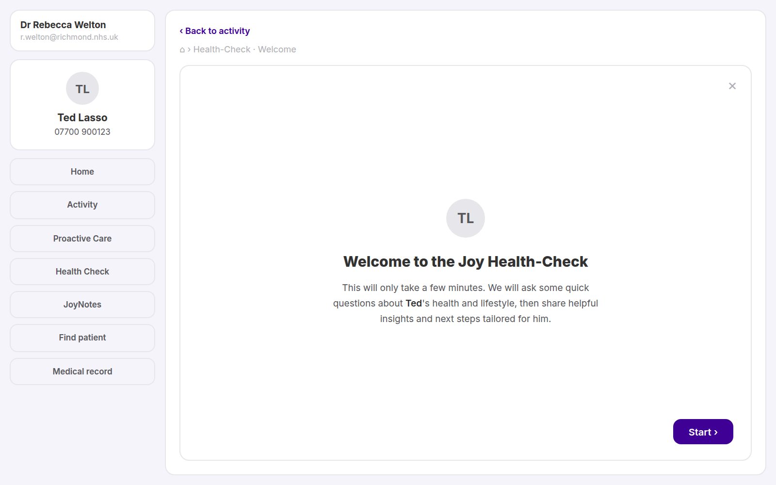 Illustration of the JoyConnect health check welcome screen inviting the clinician to start an NHS health check for a fictional patient