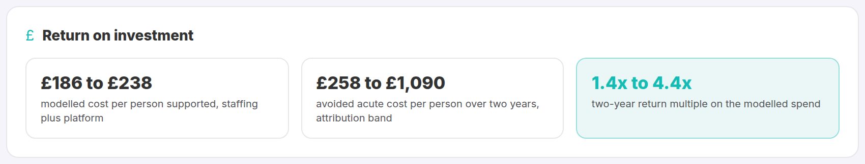 Illustration of the return on investment panel: cost per patient, avoided acute demand per patient and two-year return multiple