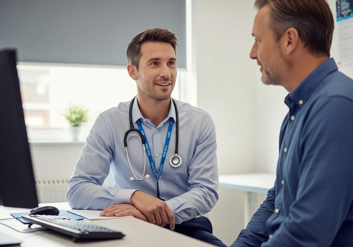 A GP talking face to face with a patient in a consultation room, the screen turned away