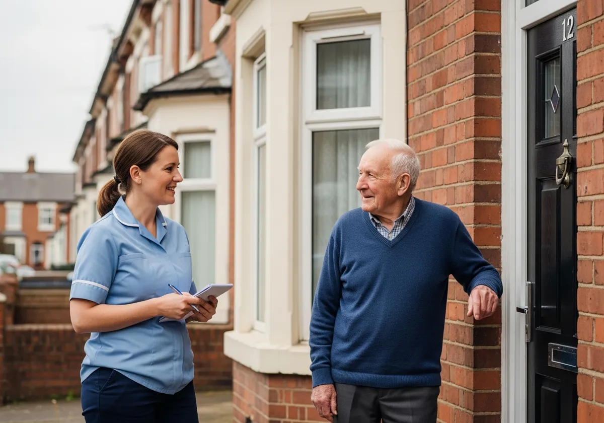 A community nurse chatting with an older man at his front door on a terraced residential street