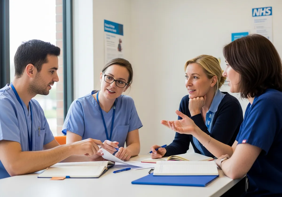 A neighbourhood health team talking around a table in a bright health centre room
