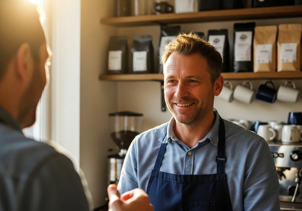 A man in a work apron smiling while talking with a colleague in a small cafe workplace
